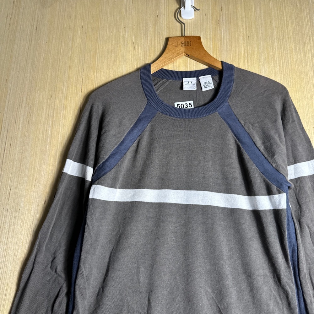 Armani Exchange Sweater Mens Medium Grey Blue 90s Stripe Raglan Long Sleeve - Picture 5 of 12